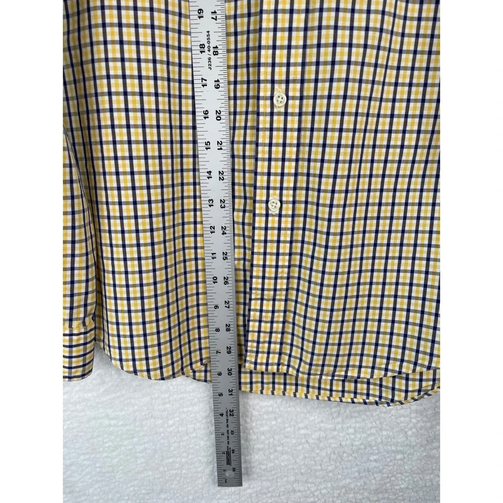 Polo Ralph Lauren Mens Custom Fit Gingham Shirt Yellow Navy Blue 16 L Long Sleev